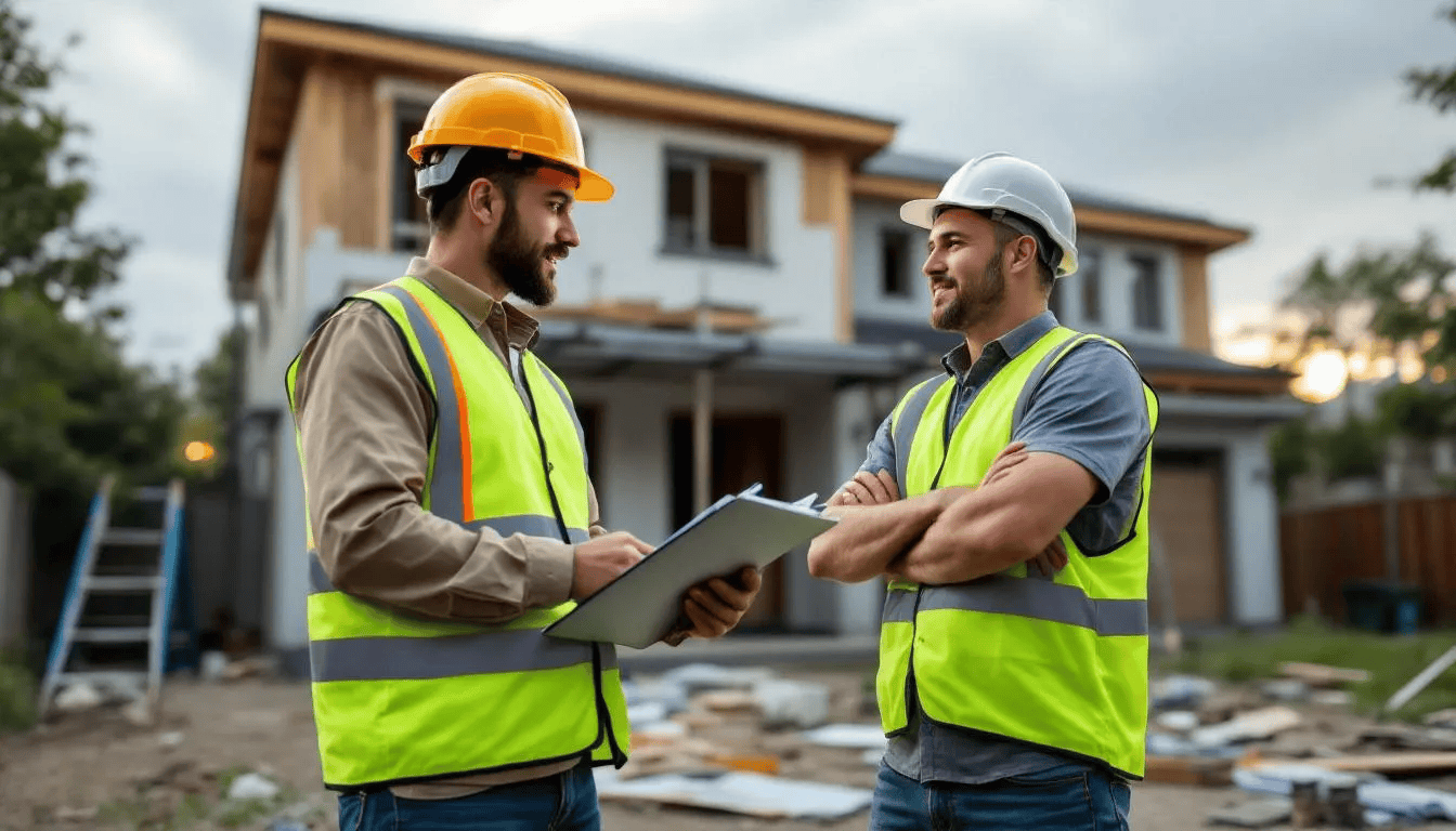 A contractor and a homeowner are standing in front of a house undergoing renovation, engaged in a discussion about project details, including pricing and requirements for the remodeling work. The setting highlights the collaboration between homeowners and contractors in home improvement projects.