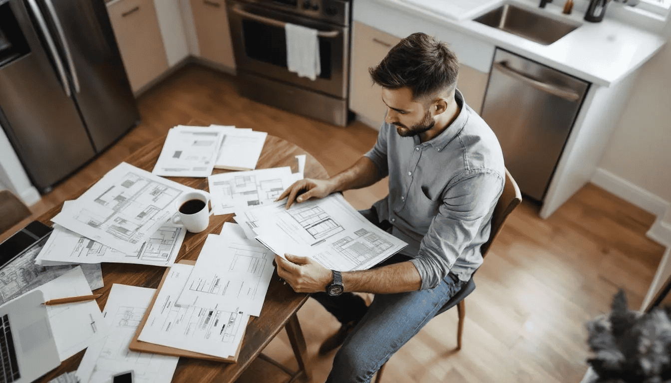 A homeowner sits at a kitchen table, carefully reviewing contractor proposals and documents related to their home improvement project. The scene conveys an important moment in the remodeling process, highlighting the homeowner's search for the right services and pricing to ensure a successful renovation.