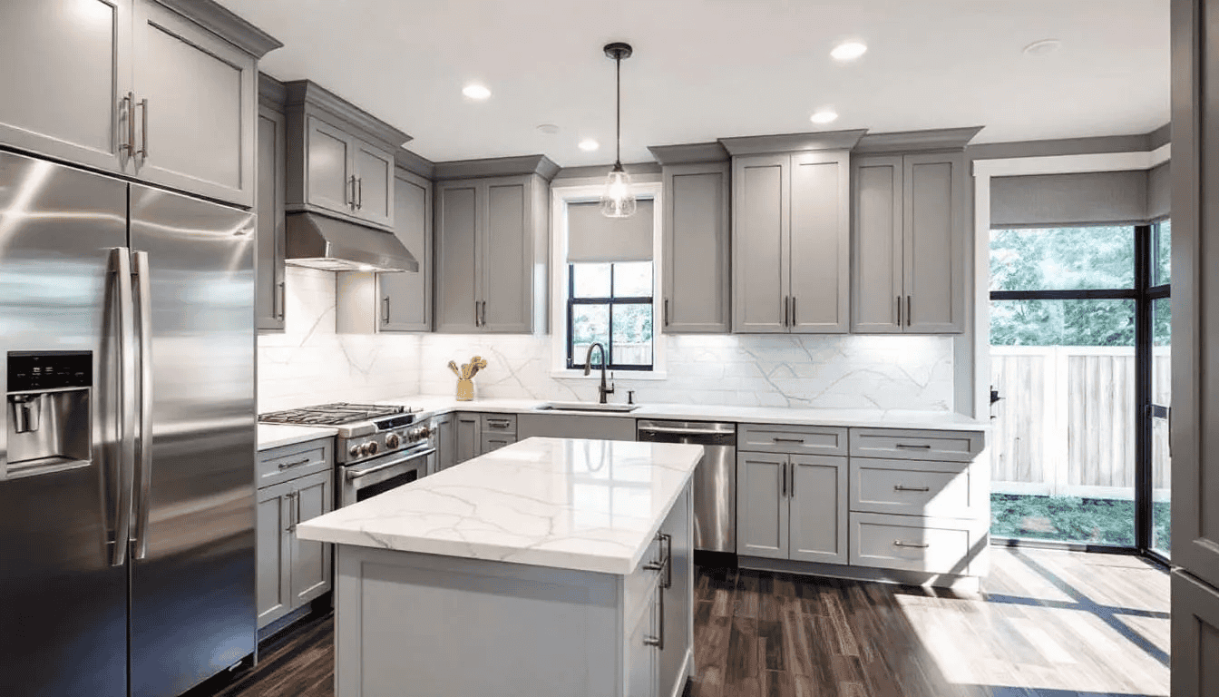 The image depicts a luxurious, renovated kitchen featuring custom cabinets and modern appliances, showcasing the expertise of home renovation contractors. This stylish space is designed for homeowners seeking a dream kitchen with high-quality finishes and efficient layouts.