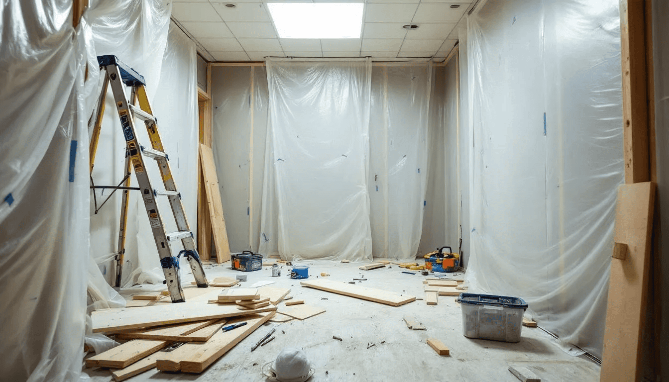 The image depicts a home renovation in progress, showcasing dust barriers set up to protect areas from debris, alongside various construction materials scattered around the site. This scene highlights the work of home renovation contractors engaged in transforming an old house into a dream home.