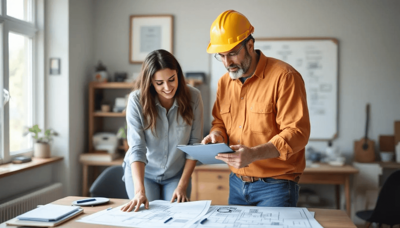 A contractor and a homeowner are seated at a table, reviewing documents and blueprints for a home renovation project. The contractor, showcasing professionalism, discusses the plans with the homeowner, who is eager to transform their old house into their dream home.