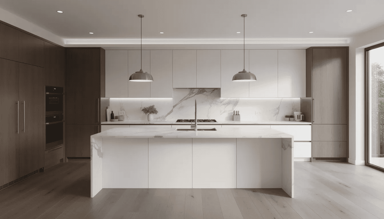 The image depicts a modern luxury kitchen featuring custom cabinetry and premium countertops, showcasing exceptional craftsmanship and stylish design elements. This elegant space embodies the vision of a dream home, perfect for homeowners looking to elevate their lifestyle in Palm Beach County.