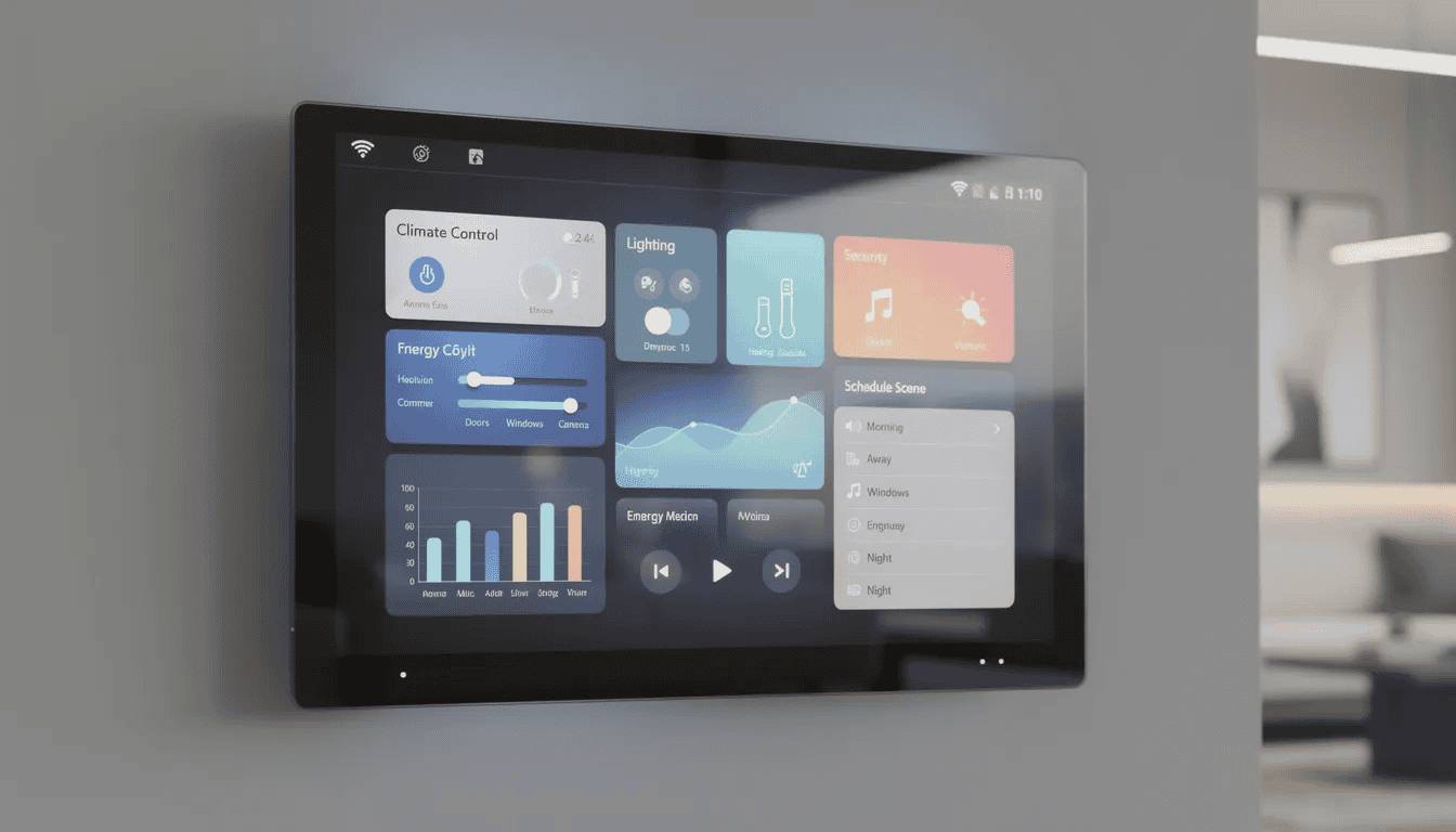 The image shows a sleek smart home control panel displaying various automated systems, including lighting, security, and climate controls, designed for luxury homes. This modern interface exemplifies exceptional craftsmanship and functionality, ideal for homeowners in Palm Beach County looking to elevate their dream home experience.