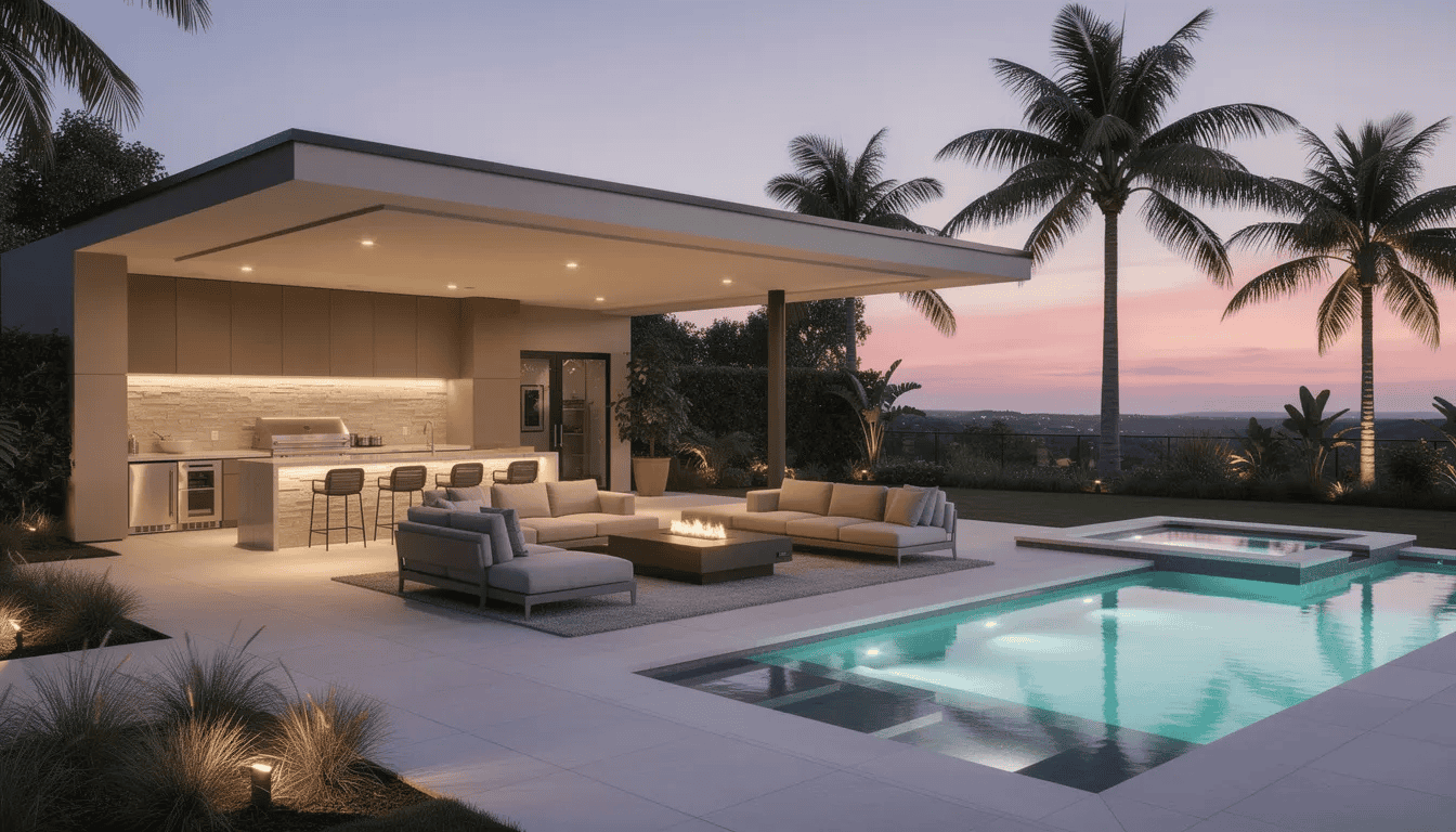 The image depicts an outdoor luxury living space featuring a beautifully designed kitchen and a sparkling pool area, surrounded by lush greenery typical of Palm Beach. This exceptional craftsmanship showcases the ideal setting for homeowners seeking a dream home lifestyle in South Florida.