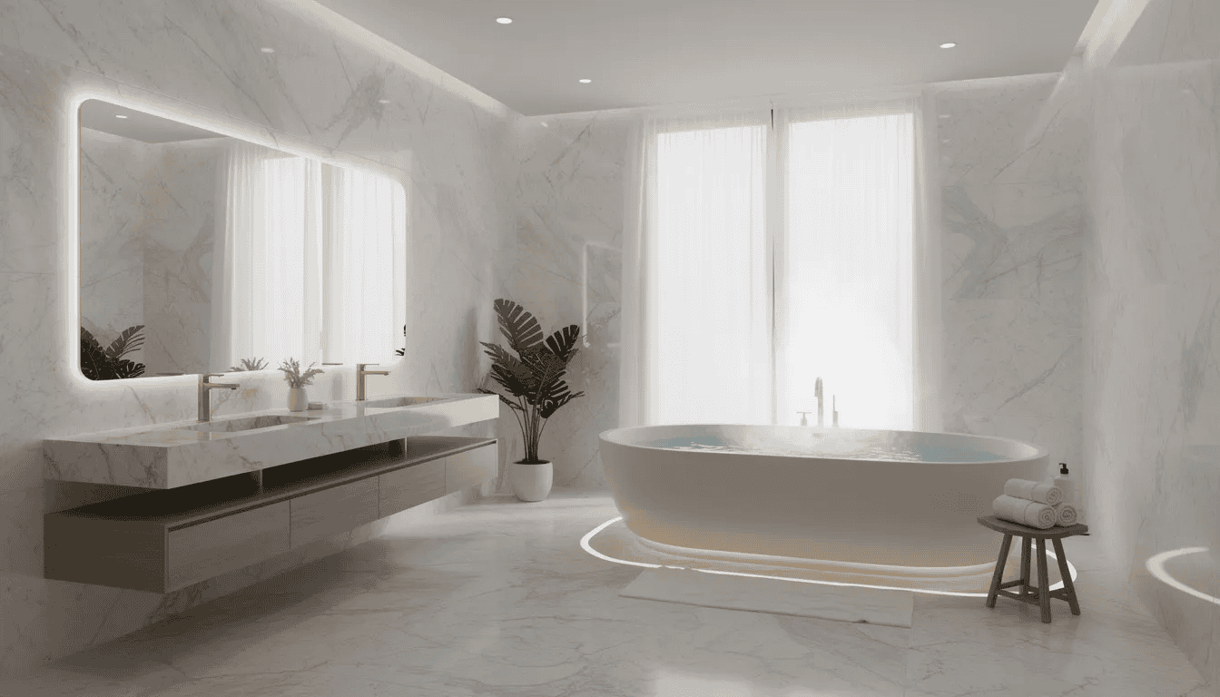 This image showcases a spa-like luxury bathroom featuring elegant marble finishes and a deep soaking tub, creating a serene atmosphere ideal for relaxation. The exceptional craftsmanship and attention to detail reflect the high standards of luxury home remodels, perfect for homeowners seeking to elevate their living space in Palm Beach County.