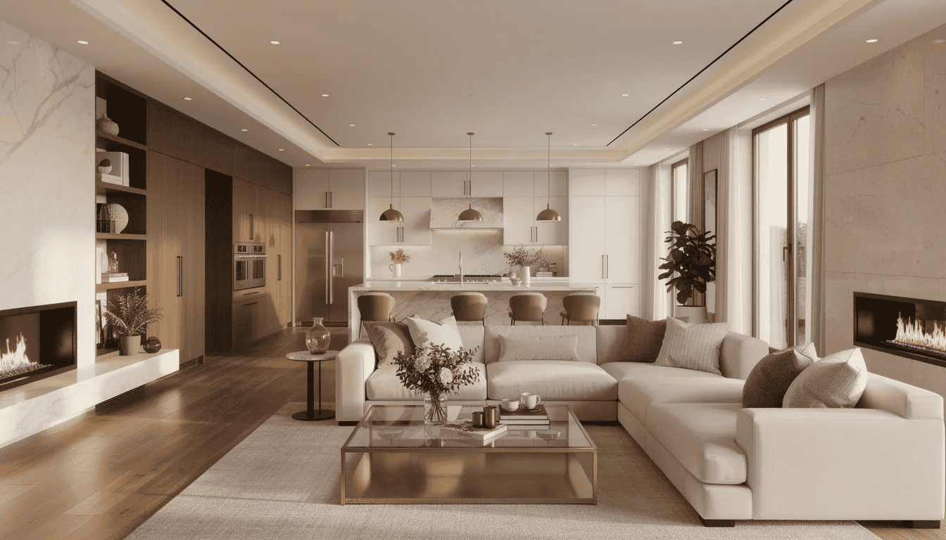The image depicts a luxurious open concept living space that showcases exceptional craftsmanship, featuring premium finishes throughout. This dream home in Palm Beach County highlights a seamless flow between the kitchen and living areas, emphasizing both style and functionality.
