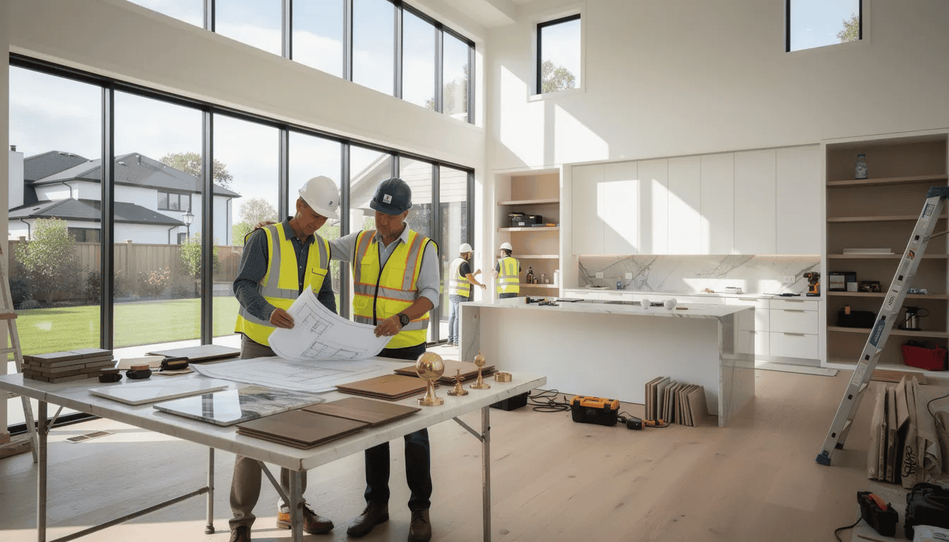 A construction team is actively working on a luxury home renovation project in Palm Beach, showcasing exceptional craftsmanship as they remodel the kitchen and bathroom spaces. The professionals are focused on creating a dream home for the homeowners, emphasizing quality and attention to detail throughout the process.